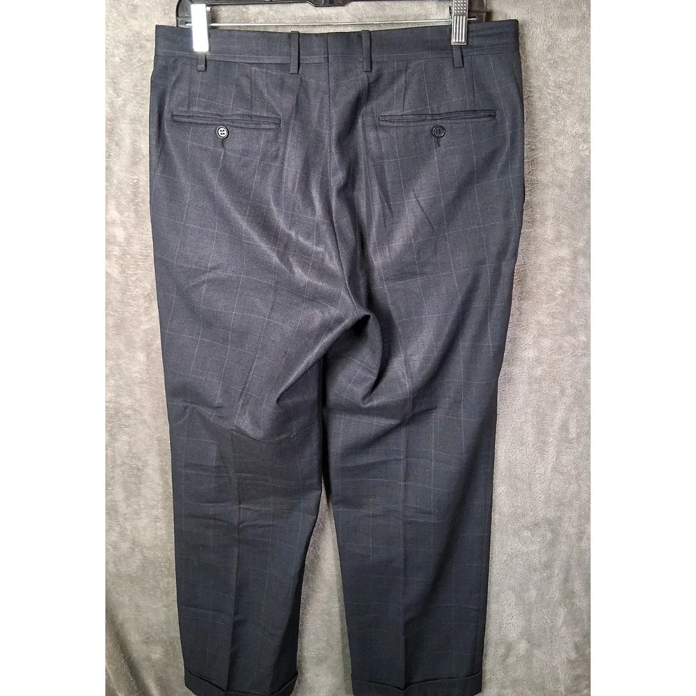 Canali Dress Pants Mens 34x28 Charcoal Gray Windowpane Cuffed Suit Pants